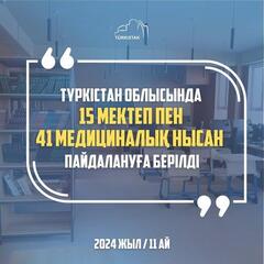 ТҮРКІСТАН ОБЛЫСЫНДА 11 АЙДА 15 МЕКТЕП ПЕН 41 МЕДИЦИНАЛЫҚ НЫСАН ПАЙДАЛАНУҒА БЕРІЛДІ