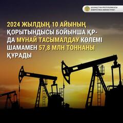 2024 жылдың 10 айының қорытындысы бойынша ҚР-да мұнай тасымалдау көлемі шамамен 57,8 млн тоннаны құрады