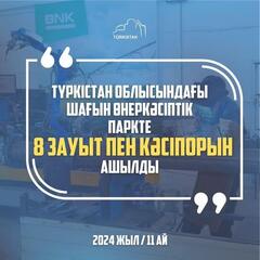 2024 ЖЫЛЫ ТҮРКІСТАН ОБЛЫСЫНДАҒЫ ШАҒЫН ӨНЕРКӘСІПТІК ПАРКТЕ 8 ЗАУЫТ ПЕН КӘСІПОРЫН АШЫЛДЫ