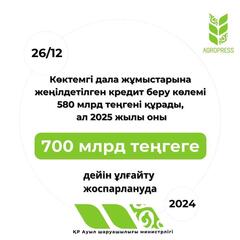 Көктемгі дала жұмыстарына жеңілдетілген кредит беру көлемі 580 млрд теңгені құрады, ал 2025 жылы оны 700 млрд теңгеге дейін ұлғайту жоспарлануда