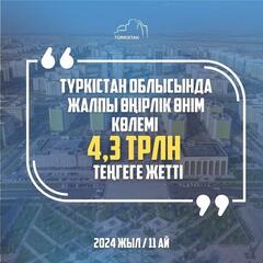 2024 ЖЫЛДЫҢ 11 АЙЫНДА ТҮРКІСТАН ОБЛЫСЫНДА ЖАЛПЫ ӨҢІРЛІК ӨНІМ КӨЛЕМІ 4,3 ТРЛН ТЕҢГЕГЕ ЖЕТТІ